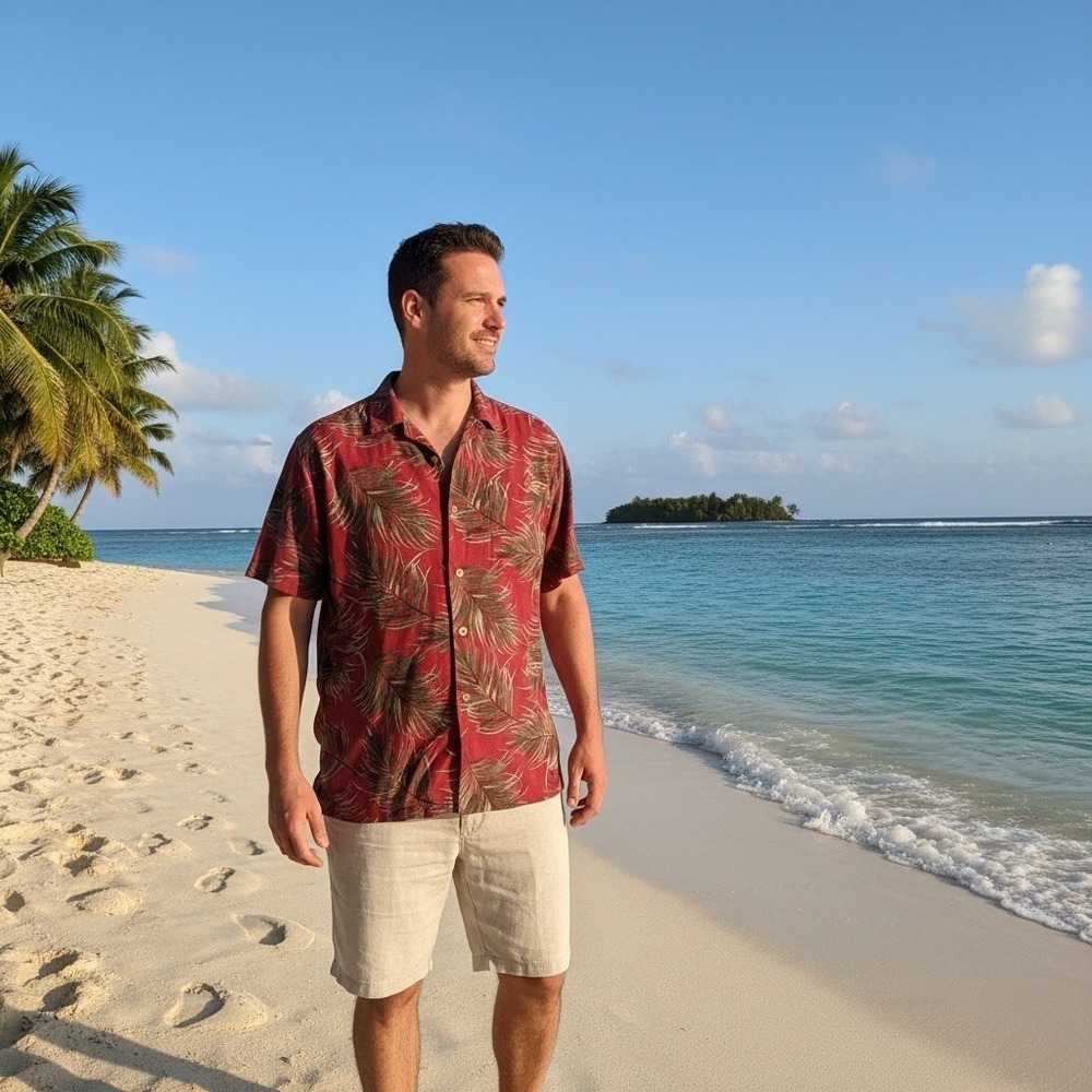 Caribbean Shirt Mens Large Red Palm Leaf Hawaiian Aloha Button Up Rayon